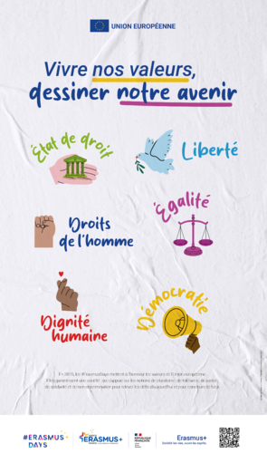 Affiche "Vivre nos valeurs, dessiner notre avenir" : État de droit, Droits de l'homme, Liberté, Égalité, Dignité humaine, Démocratie. En 2025, les #Erasmus Days mettent à l'honneur les valeurs de l'Union européenne. Elles garantissent une société qui s'appuie sur les notions de pluralisme, de tolérance, de justice, de solidarité et de non-discrimination pour relever les défis d'aujourd'hui et pour construire le futur. © Agence Erasmus+ France / Education Formation - juillet 2025