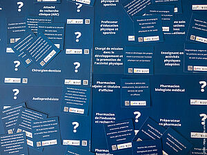 Photo représentant un jeu pédagogique de questions et carte et fiches métier